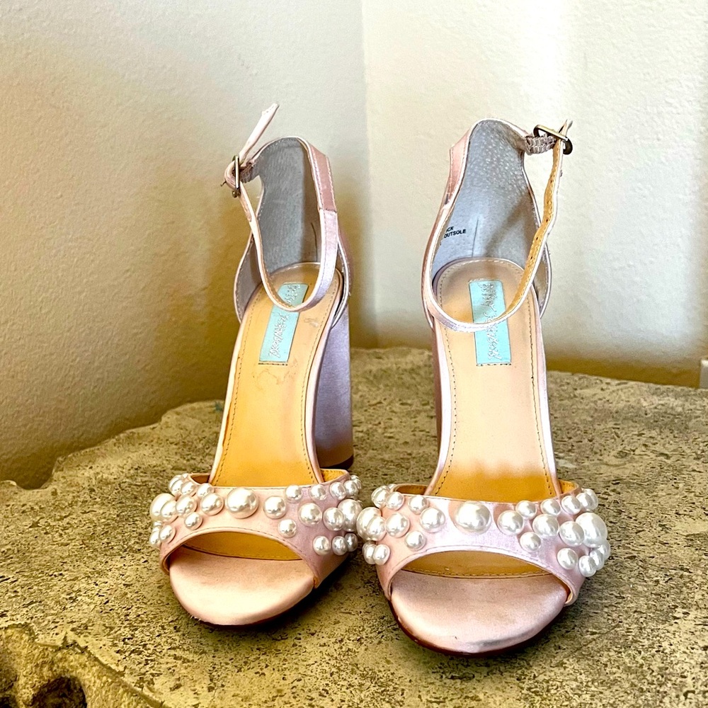 Betsy Johnson Pink Satin and Pearl Peep-Toe Heels